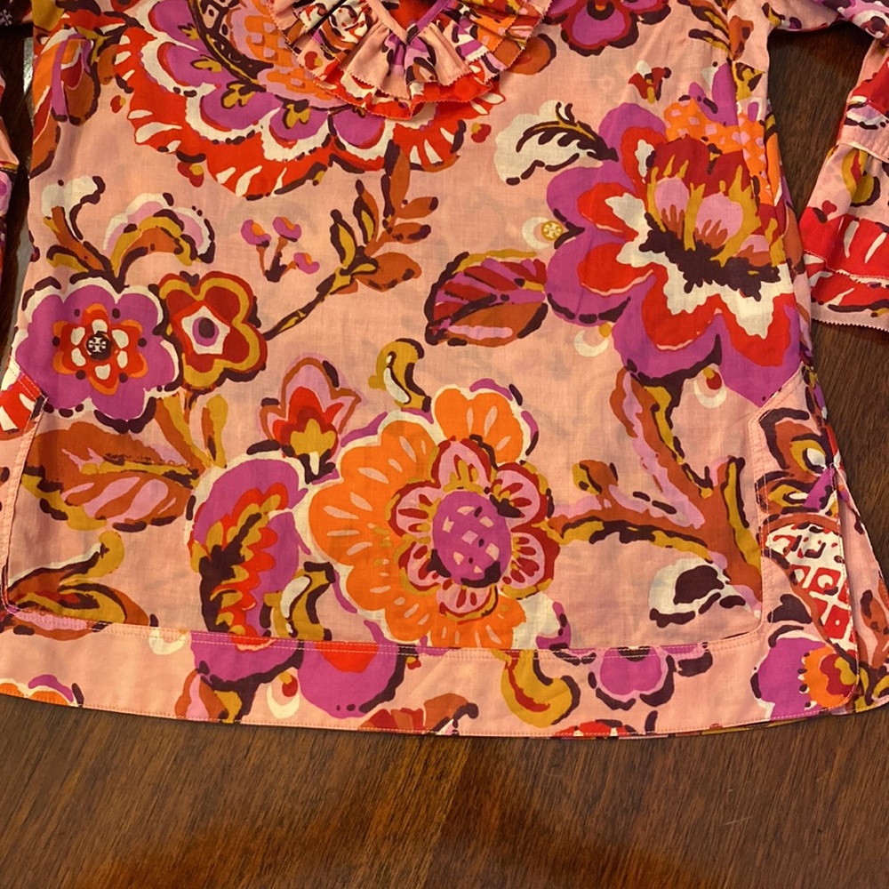 Tory Burch Cotton Voile Tunic Pink Orange Floral Drawstring Ruffle Collar Size 4 - Picture 15 of 16